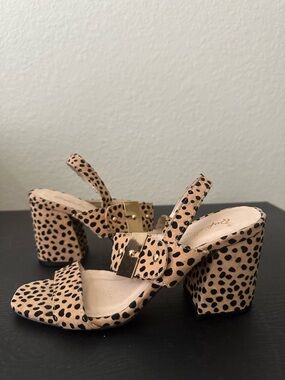 Qupid Leopard-Print Block Heel Sandals in Tan and Black